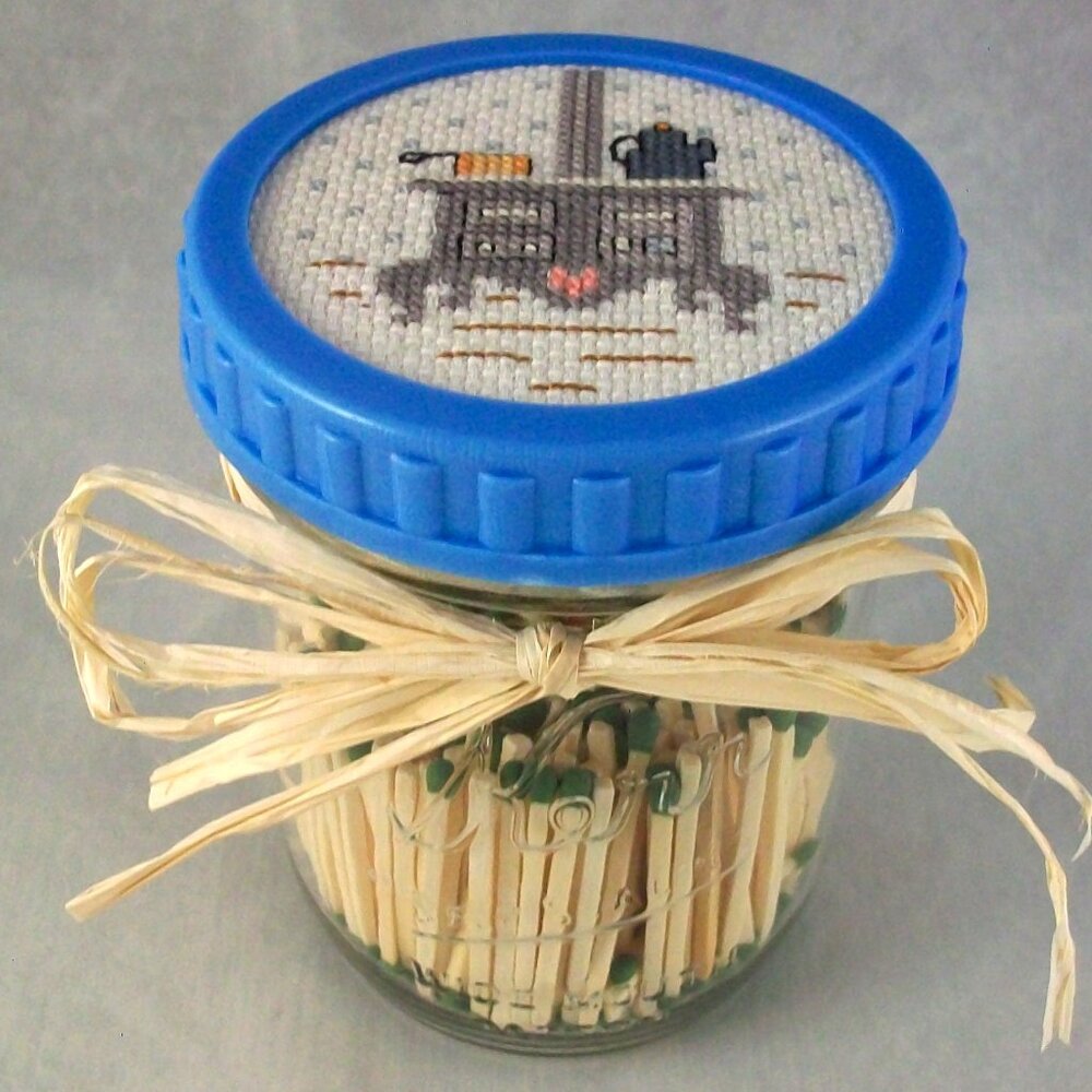 Mason Jar Storage Cross Stitch Antique Cast Iron Stove Match Holder Country Core